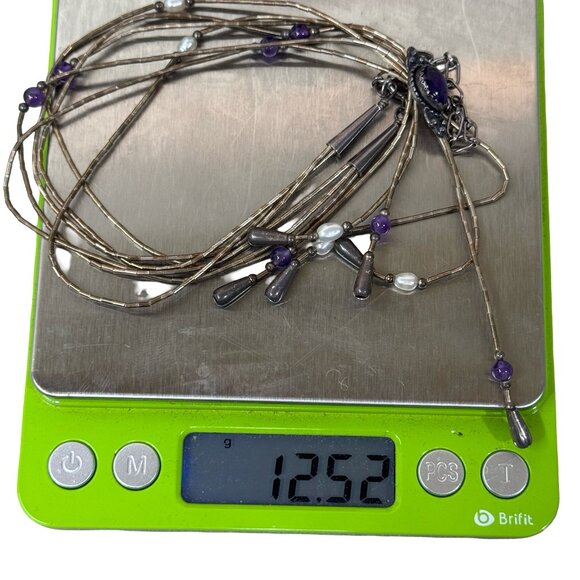 Vtg 19" Liquid Silver Teardrop Amethyst Tassel Lariat Necklace Carolyn Pollack - Picture 7 of 9